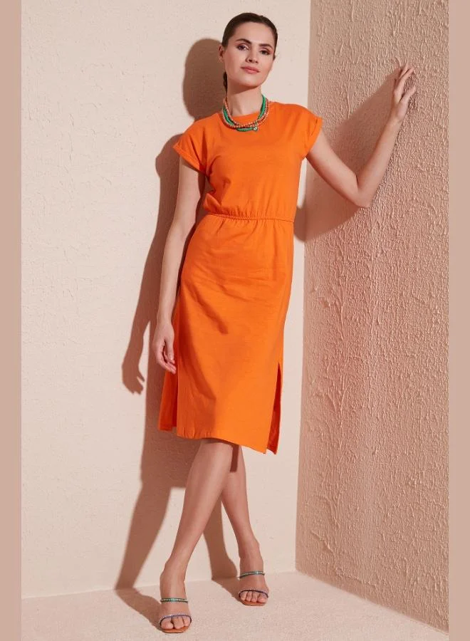 ليلا فستان ميدي بأكمام قصيرة وشقين مزدوجين من قطن ليلا للنساء