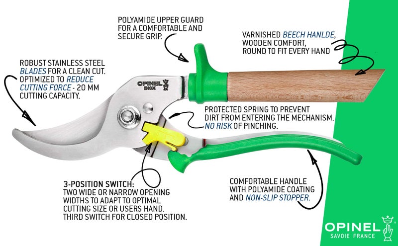 Opinel Hand Pruning Shears with non-slip beech wood handle perfect for bypass trimmers, garden, hedge, lawn clippers or hand scissors with stainless steel blade (Green) - Image 2