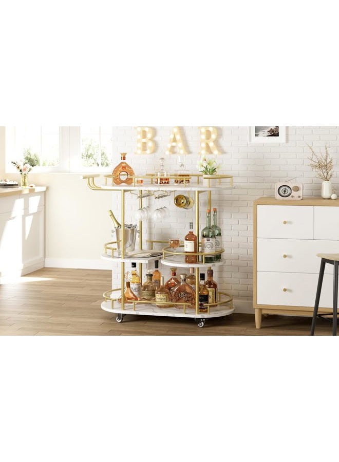 CABIHOME Bar Cart Gold, 3 Tier Bar Cart with Storage, Gold Rotating Bar Cart with Wheels, Gold Serving Cart with Wine Rack and Glass Holder for Kichen, Living Room, Dining Room - Image 1