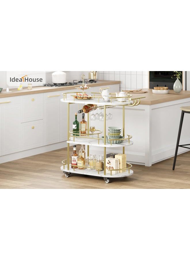 CABIHOME Bar Cart Gold, 3 Tier Bar Cart with Storage, Gold Rotating Bar Cart with Wheels, Gold Serving Cart with Wine Rack and Glass Holder for Kichen, Living Room, Dining Room - Image 2