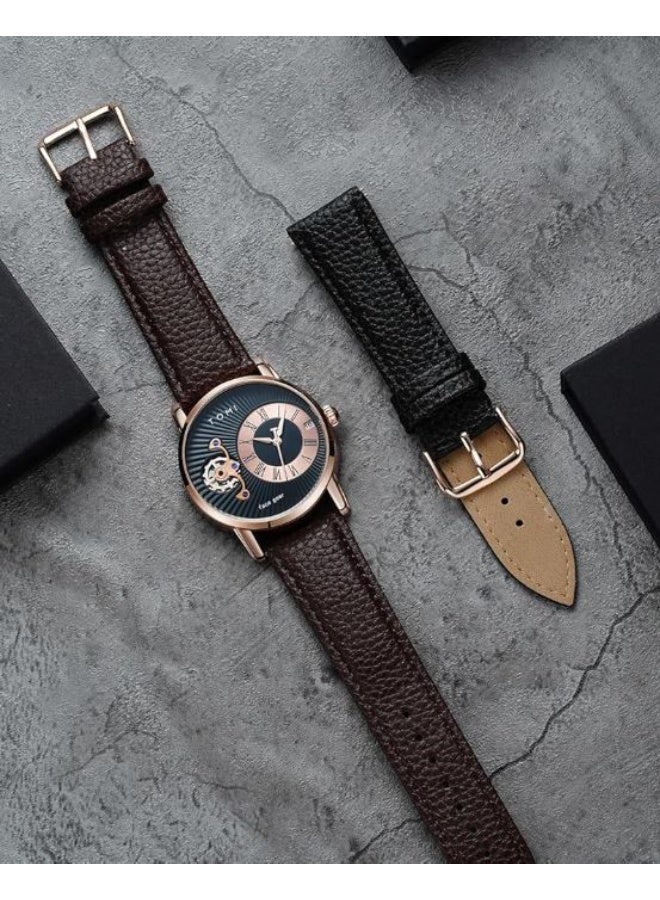 TOMI Men's Luxury Quartz Watch Gift Set - Rose Gold Case, Unique "Face Gear" Dial, and Two Interchangeable Leather Straps - Image 2