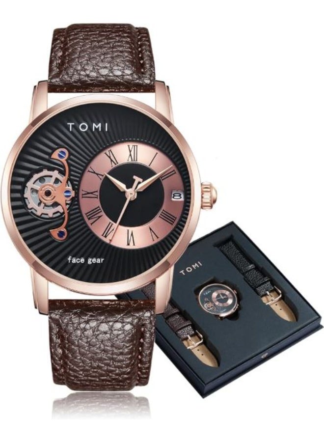 TOMI Men's Luxury Quartz Watch Gift Set - Rose Gold Case, Unique "Face Gear" Dial, and Two Interchangeable Leather Straps - Image 1