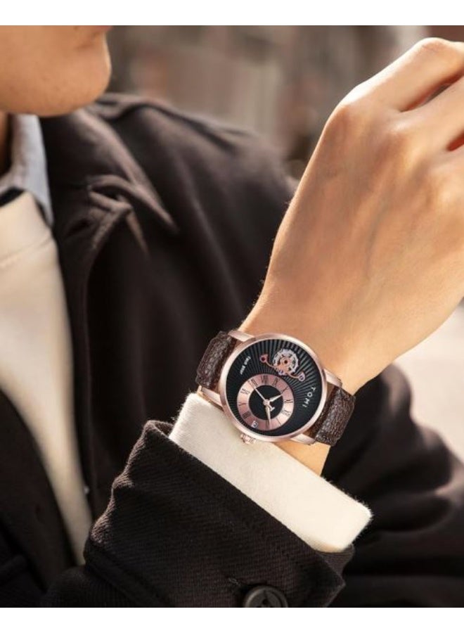 TOMI Men's Luxury Quartz Watch Gift Set - Rose Gold Case, Unique "Face Gear" Dial, and Two Interchangeable Leather Straps - Image 4