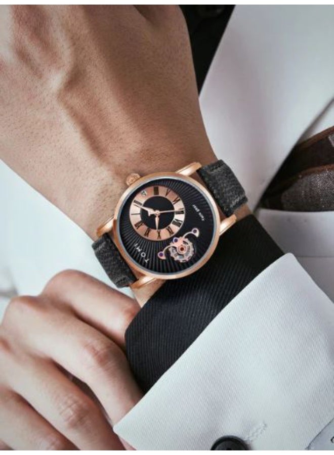 TOMI Men's Luxury Quartz Watch Gift Set - Rose Gold Case, Unique "Face Gear" Dial, and Two Interchangeable Leather Straps - Image 3