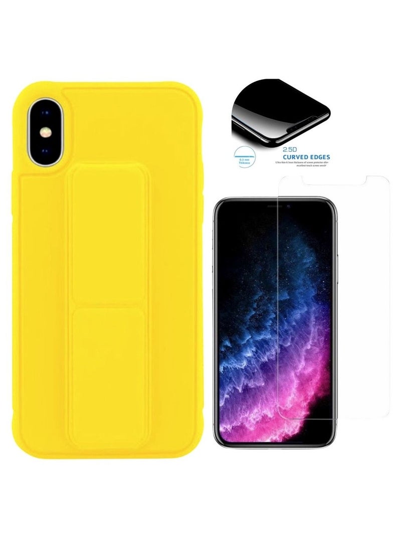 3In1 Magnetic Hand Grip Holder Case Cover With Tempered Glass Screen Protector For Iphone XsMax Yellow - Image 1