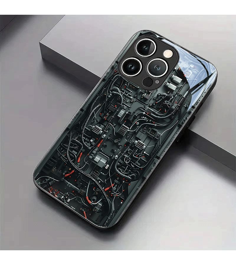 علبة هاتف متوافقة مع iPhone XS Max، نمط طباعة الدوائر الميكانيكية باللون الأسود، غطاء من الزجاج المقسى. - Image 2