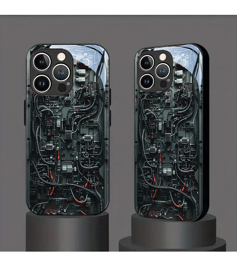 علبة هاتف متوافقة مع iPhone XS Max، نمط طباعة الدوائر الميكانيكية باللون الأسود، غطاء من الزجاج المقسى. - Image 5