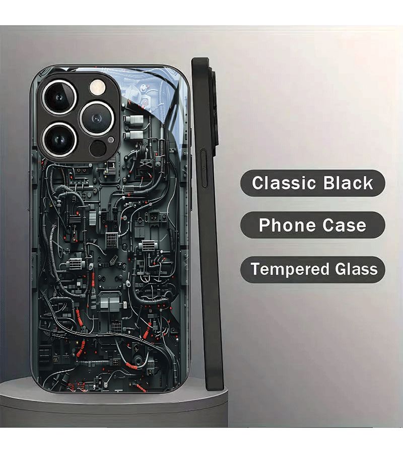 علبة هاتف متوافقة مع iPhone XS Max، نمط طباعة الدوائر الميكانيكية باللون الأسود، غطاء من الزجاج المقسى. - Image 3