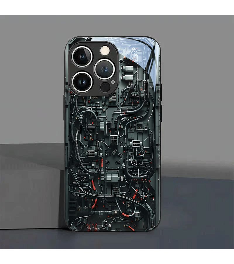 علبة هاتف متوافقة مع iPhone XS Max، نمط طباعة الدوائر الميكانيكية باللون الأسود، غطاء من الزجاج المقسى. - Image 1