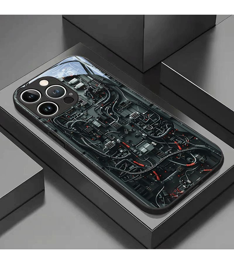 علبة هاتف متوافقة مع iPhone XS Max، نمط طباعة الدوائر الميكانيكية باللون الأسود، غطاء من الزجاج المقسى. - Image 4