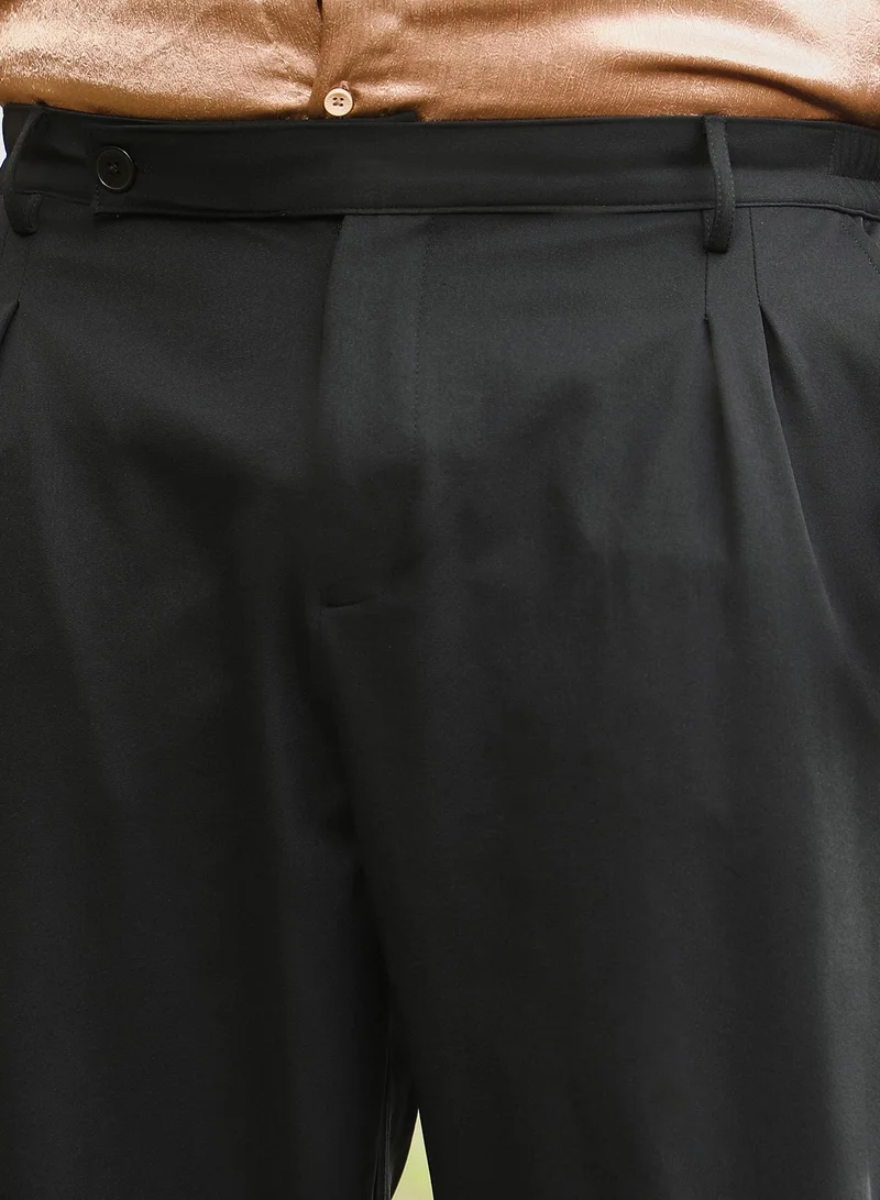 Instafab Plus Instafab Men's Onyx Black Extended-Waistband Pleated Trousers | Mid Rise , Cuffed Hem , Button Closure | Solid Plain | Polyester Blend Trousers For Formal & Office Wear