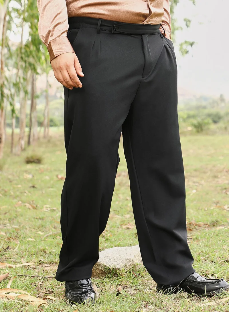 Instafab Plus Instafab Men's Onyx Black Extended-Waistband Pleated Trousers | Mid Rise , Cuffed Hem , Button Closure | Solid Plain | Polyester Blend Trousers For Formal & Office Wear