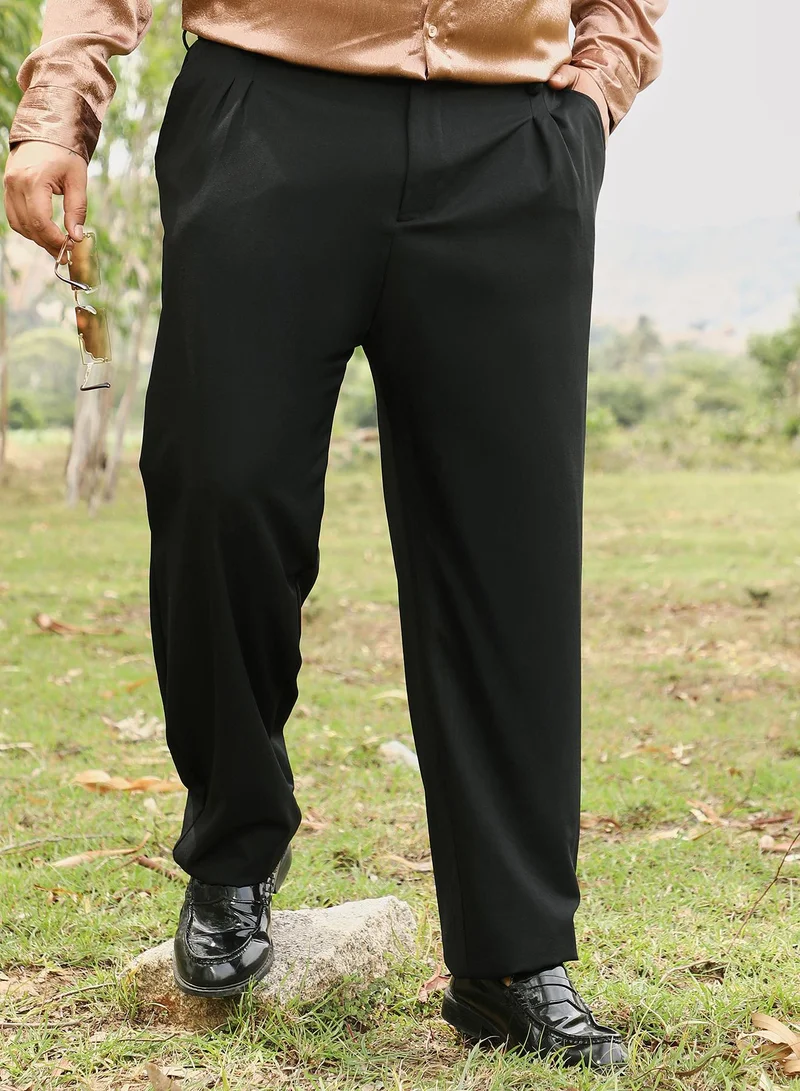 Instafab Plus Instafab Men's Onyx Black Extended-Waistband Pleated Trousers | Mid Rise , Cuffed Hem , Button Closure | Solid Plain | Polyester Blend Trousers For Formal & Office Wear