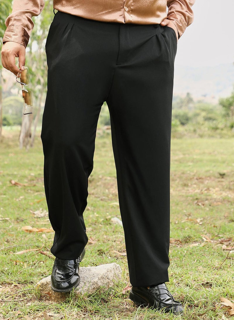 Instafab Plus Instafab Men's Onyx Black Extended-Waistband Pleated Trousers | Mid Rise , Cuffed Hem , Button Closure | Solid Plain | Polyester Blend Trousers For Formal & Office Wear  - Image 1