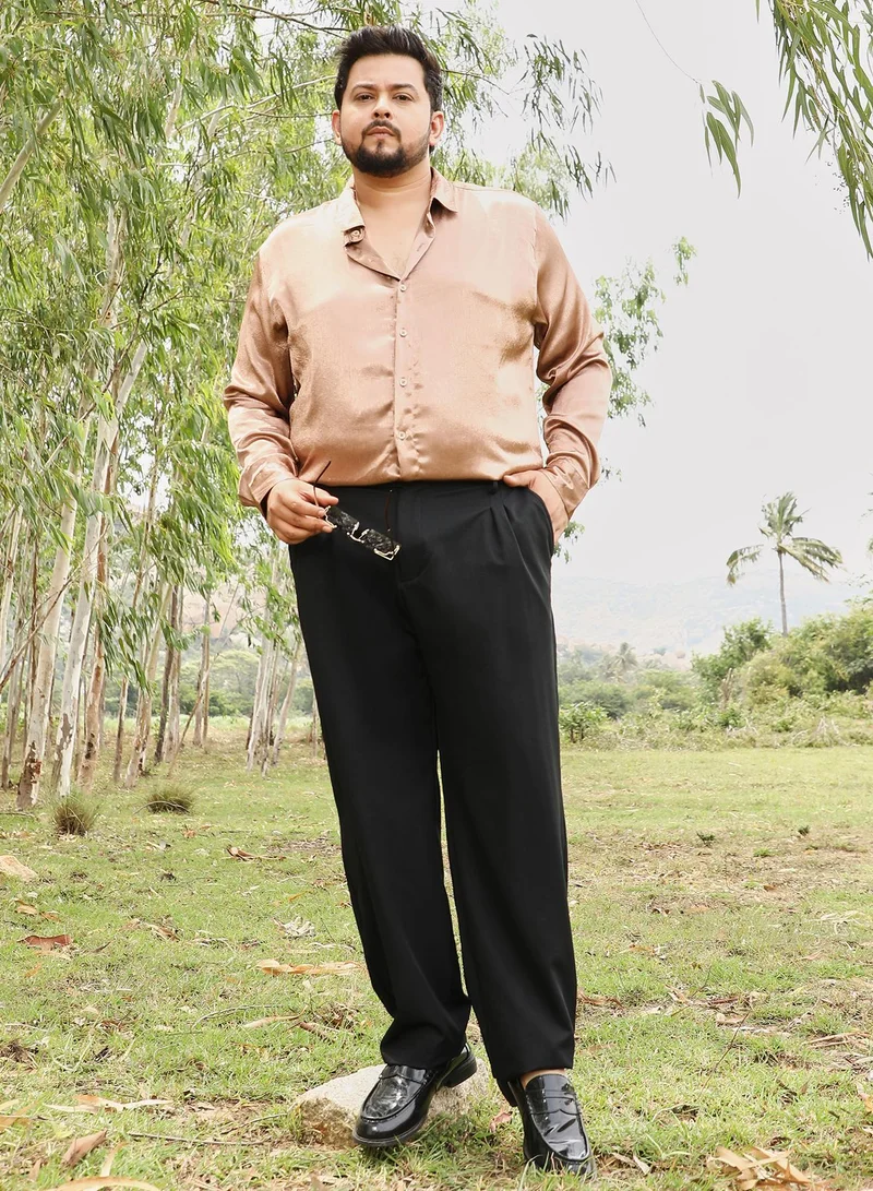 Instafab Plus Instafab Men's Onyx Black Extended-Waistband Pleated Trousers | Mid Rise , Cuffed Hem , Button Closure | Solid Plain | Polyester Blend Trousers For Formal & Office Wear