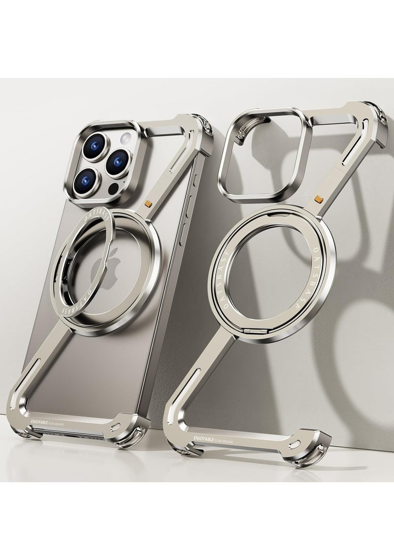 FOCUS New Metal Magsafe Stand case for iPhone 15 Pro Max Metal Armor Removable Z Type Rimless Metal Case  - Image 1