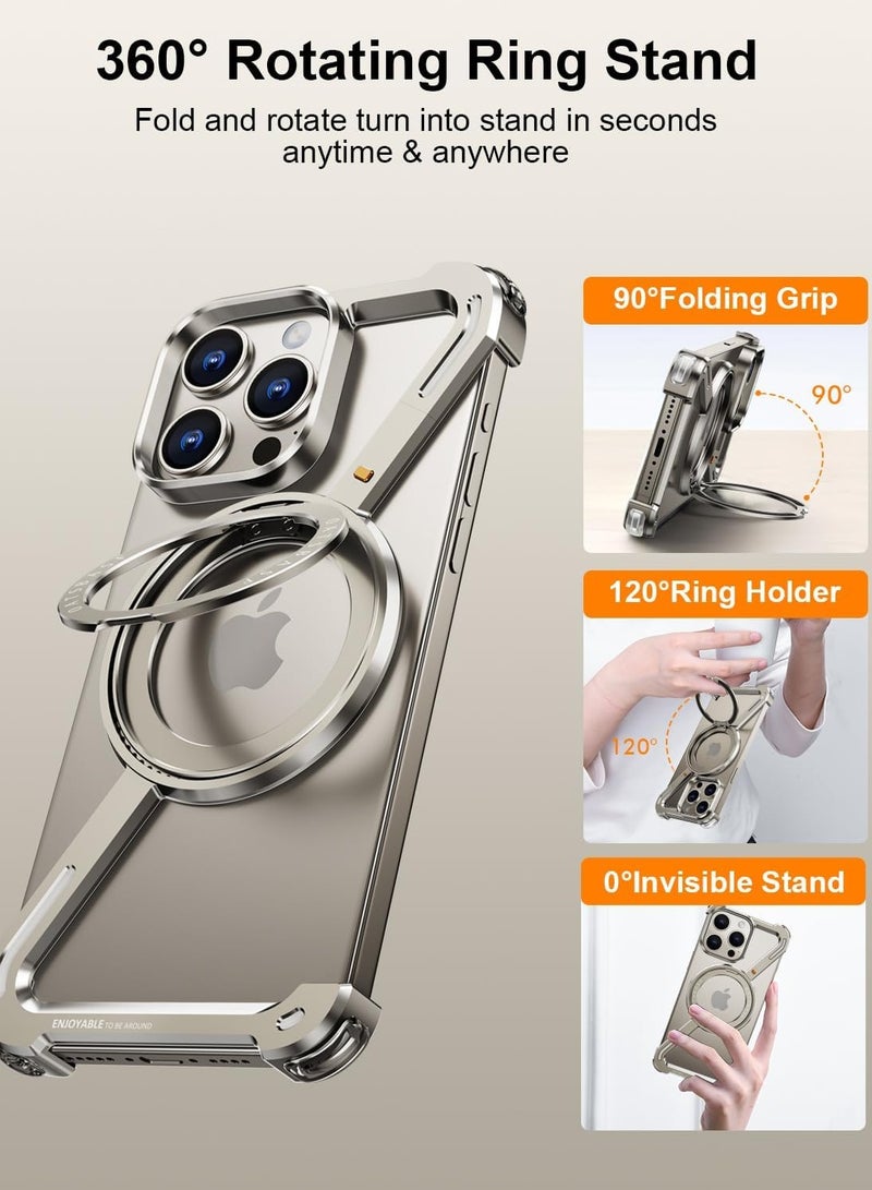 FOCUS New Metal Magsafe Stand case for iPhone 15 Pro Max Metal Armor Removable Z Type Rimless Metal Case  - Image 2
