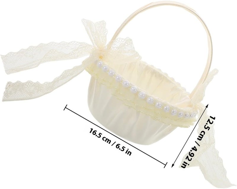 Rustic White Lace Wedding Flower Girl Basket with Handle, Satin Cloth Light Gold Small Basket for Wedding Ceremonies and Flower Petals Storage - Image 2