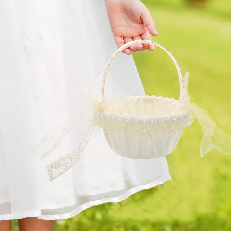 Rustic White Lace Wedding Flower Girl Basket with Handle, Satin Cloth Light Gold Small Basket for Wedding Ceremonies and Flower Petals Storage - Image 4