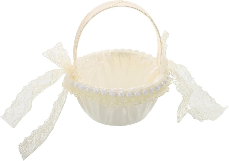 Rustic White Lace Wedding Flower Girl Basket with Handle, Satin Cloth Light Gold Small Basket for Wedding Ceremonies and Flower Petals Storage - Image 1