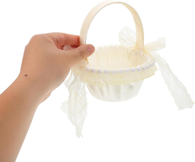 Rustic White Lace Wedding Flower Girl Basket with Handle, Satin Cloth Light Gold Small Basket for Wedding Ceremonies and Flower Petals Storage - Image 3