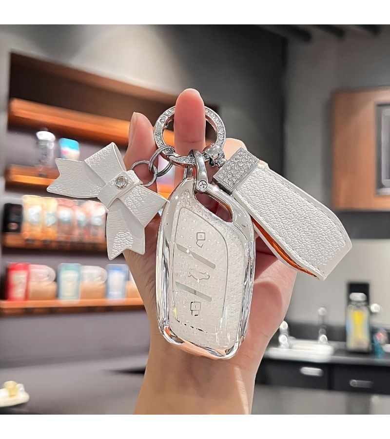 علبة حافظة مفتاح السيارة من مادة TPU مع سلسلة مفاتيح، مناسبة لسيارات ZS MG6 EV EZS HS EHS Roewe RX5 I5 I6 RX3 RX8 ERX5، تصميم بسيط حامل مفتاح إضافي، أبيض. - Image 1