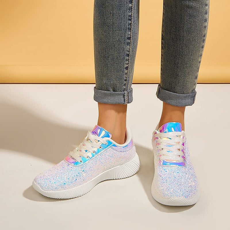 BELOS Women's Fashion Sneakers Glitter Shoes with Vibrant Colors and Sparkle(8.5B(M) US, White) - Image 2