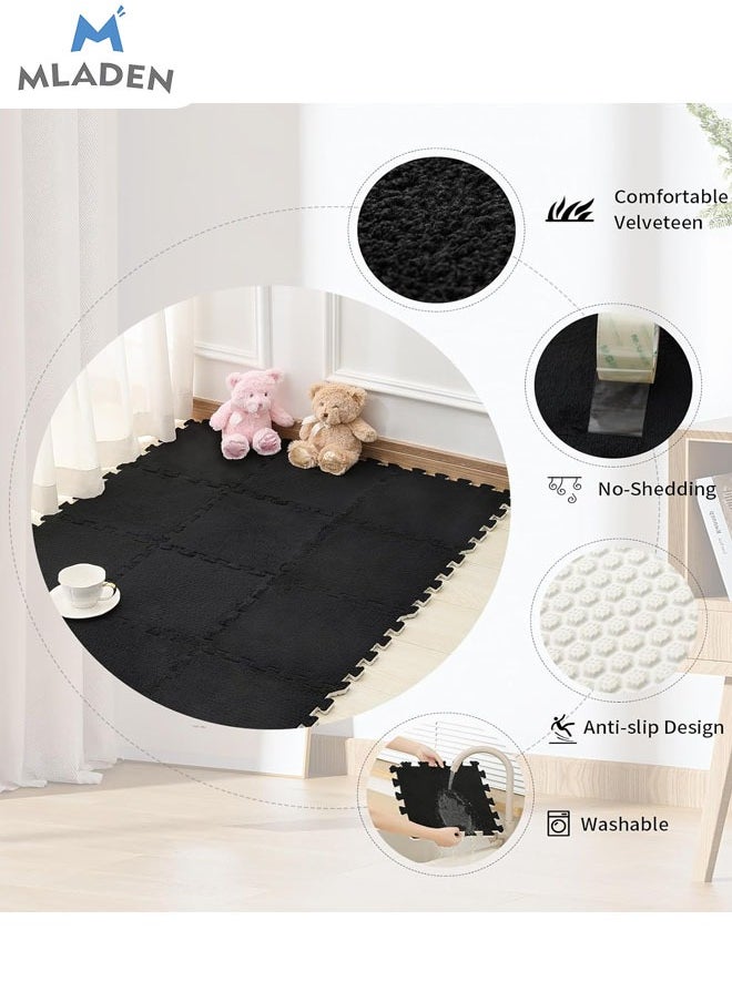 MLADEN - MLADEN Interlocking Carpet Tiles Plush Puzzle Foam Floor Mat Plush Foam Floor Mat Square Interlocking Fluffy Tiles with Border Flooring Tiles Soft  Area Rugs for Home Decoratio（Black） - Image 1
