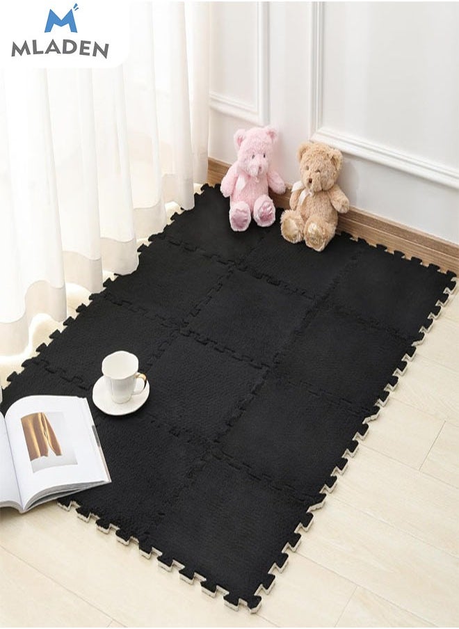 MLADEN - MLADEN Interlocking Carpet Tiles Plush Puzzle Foam Floor Mat Plush Foam Floor Mat Square Interlocking Fluffy Tiles with Border Flooring Tiles Soft  Area Rugs for Home Decoratio（Black） - Image 1