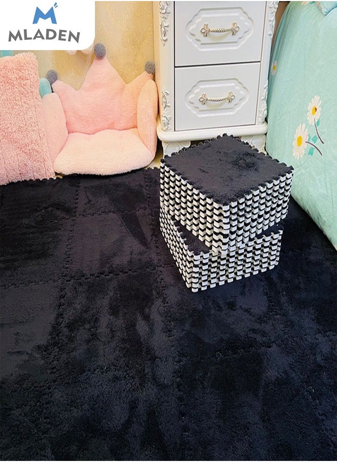 MLADEN - MLADEN Interlocking Carpet Tiles Plush Puzzle Foam Floor Mat Plush Foam Floor Mat Square Interlocking Fluffy Tiles with Border Flooring Tiles Soft  Area Rugs for Home Decoratio（Black） - Image 1