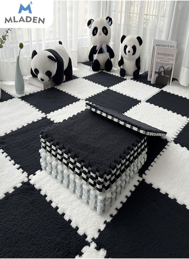 MLADEN - MLADEN Interlocking Carpet Tiles Plush Puzzle Foam Floor Mat Plush Foam Floor Mat Square Interlocking Fluffy Tiles with Border Flooring Tiles Soft  Area Rugs for Home Decoratio（Black） - Image 1