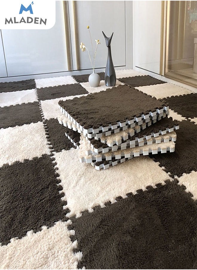 MLADEN - MLADEN Interlocking Carpet Tiles Plush Puzzle Foam Floor Mat Plush Foam Floor Mat Square Interlocking Fluffy Tiles with Border Flooring Tiles Soft  Area Rugs for Home Decoratio（Black） - Image 1