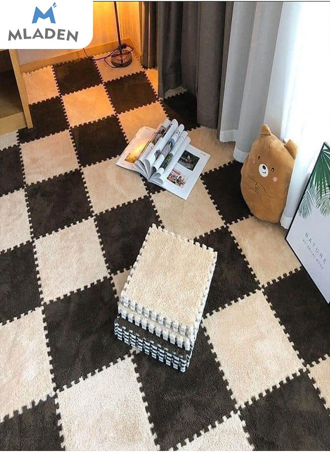 MLADEN - MLADEN Interlocking Carpet Tiles Plush Puzzle Foam Floor Mat Plush Foam Floor Mat Square Interlocking Fluffy Tiles with Border Flooring Tiles Soft  Area Rugs for Home Decoratio（Black） - Image 1