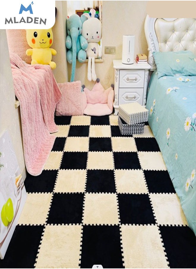 MLADEN - MLADEN Interlocking Carpet Tiles Plush Puzzle Foam Floor Mat Plush Foam Floor Mat Square Interlocking Fluffy Tiles with Border Flooring Tiles Soft  Area Rugs for Home Decoratio（Black） - Image 1