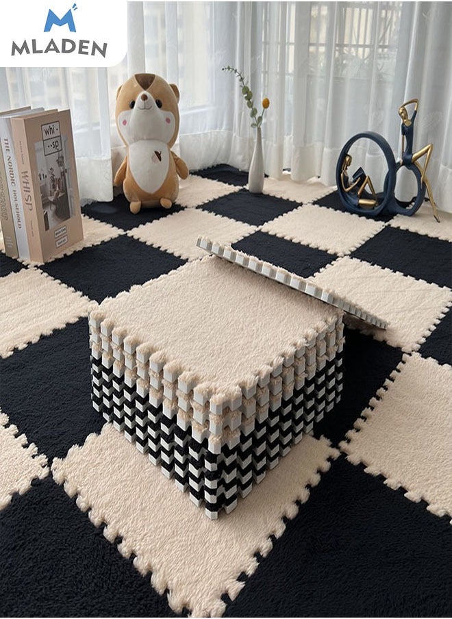 MLADEN - MLADEN Interlocking Carpet Tiles Plush Puzzle Foam Floor Mat Plush Foam Floor Mat Square Interlocking Fluffy Tiles with Border Flooring Tiles Soft  Area Rugs for Home Decoratio（Black） - Image 1