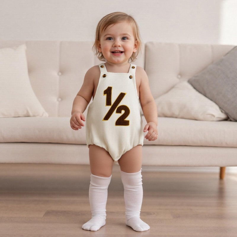 XRTBMN Infant Boy 1/2 Birthday Outfit Baby Sleeveless Romper Corduroy Bodysuit (Beige, 6-12 Months) - Image 3