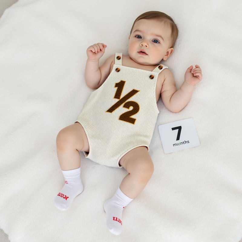 XRTBMN Infant Boy 1/2 Birthday Outfit Baby Sleeveless Romper Corduroy Bodysuit (Beige, 6-12 Months) - Image 2