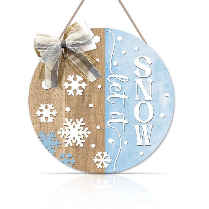 OLMIXA Let It Snow Winter Wooden Sign (12x12 inch), Snowflake with Bow Christmas Front Door Hanger, Xmas Holiday Welcome Decorative Signs for Farmhouse Garden Decor - Image 1