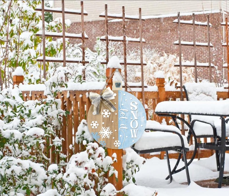 OLMIXA Let It Snow Winter Wooden Sign (12x12 inch), Snowflake with Bow Christmas Front Door Hanger, Xmas Holiday Welcome Decorative Signs for Farmhouse Garden Decor - Image 2
