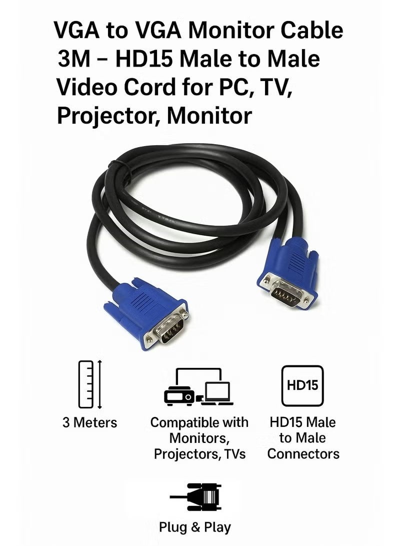 كابل VGA إلى VGA للشاشة 3 م – كابل فيديو HD15 ذكر إلى ذكر للكمبيوتر الشخصي، التلفاز، البروجيكتور، الشاشة - Image 2