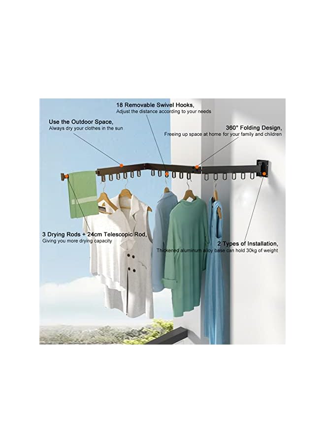 Zaboon Mounted Clothes Drying Rack Folding Retractable Clothes Hanger Rack Laundry Drying Rack Wall Mount Space Saving Clothing Drying Hanging System Collapsible Heavy Duty Clothes Rack Black - Image 2