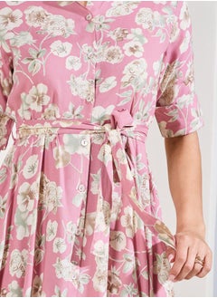 Styli Floral Print Handkerchief Hem Shirt Midi Dress with Self Tie Up  - Image 2
