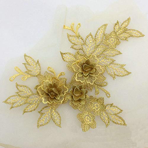 YinQin 2 Pcs Colored 3D Flower Lace Applique Embroidered Material Trim for DIY Wedding Dress Veil Accessories (Golden) - Image 5