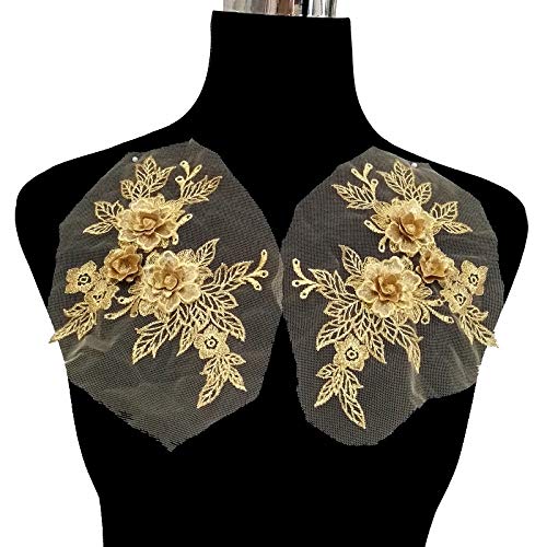 YinQin 2 Pcs Colored 3D Flower Lace Applique Embroidered Material Trim for DIY Wedding Dress Veil Accessories (Golden) - Image 3