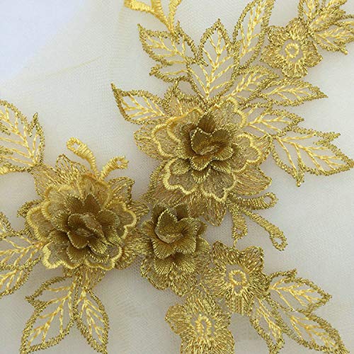 YinQin 2 Pcs Colored 3D Flower Lace Applique Embroidered Material Trim for DIY Wedding Dress Veil Accessories (Golden) - Image 2