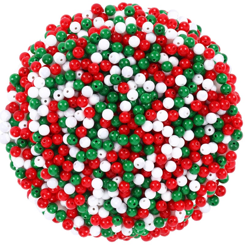 UPINS Christmas Beads 1200Pcs Red Green White Round Plastic Christmas Pony Beads Bulk for Jewelry Making DIY Crafts Friendship Bracelets Necklace Holiday Party Decoration Supplies