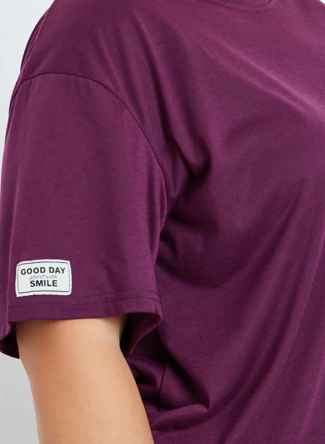 Styli Plus Size Burgundy T-Shirt and Pyjama Set