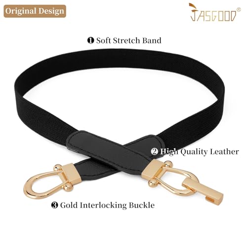 JASGOOD Women Skinny Elastic Belt for Dresses,Thin Retro Stretch Waist Belt with Golden Buckle 3 Pack,Black+Brown+Beige - Image 2