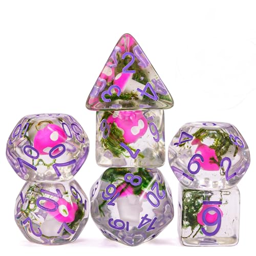 UDIXI 7PCS Mushroom DND Dice Set Resin Polyhedral DD Dice Set with Leather Pouch for Role Playing Games as RPG Tabletop Games Seaweed - Image 1
