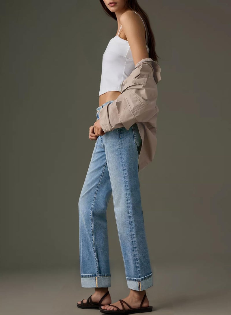 Sidefeel Women's Wide Leg Cuffed Jeans High Waisted Baggy Stretchy Denim Pants with Pockets Light Blue Size 12 - Image 3